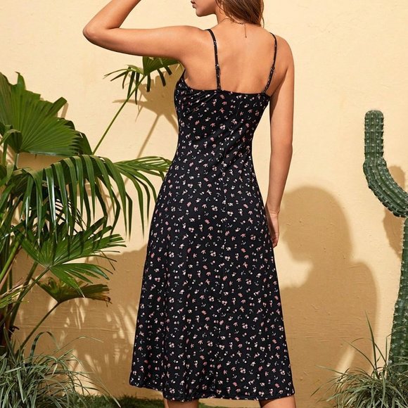 Black and White Boho Womens Ditsy Floral Print Cami Dress - Picture 3 of 5